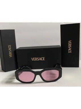 New Versace Women’s Black Frame Sunglasses with Pink Lenses and Gold Accents